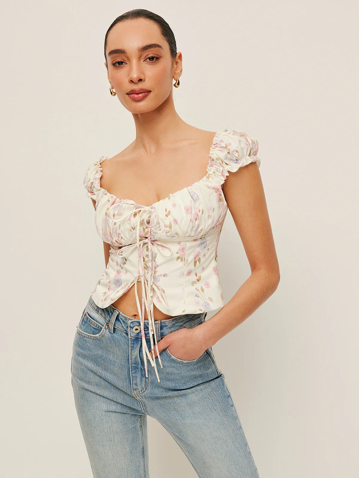 Ruffle Sleeve Tie-Front Bustier Top - Takermore