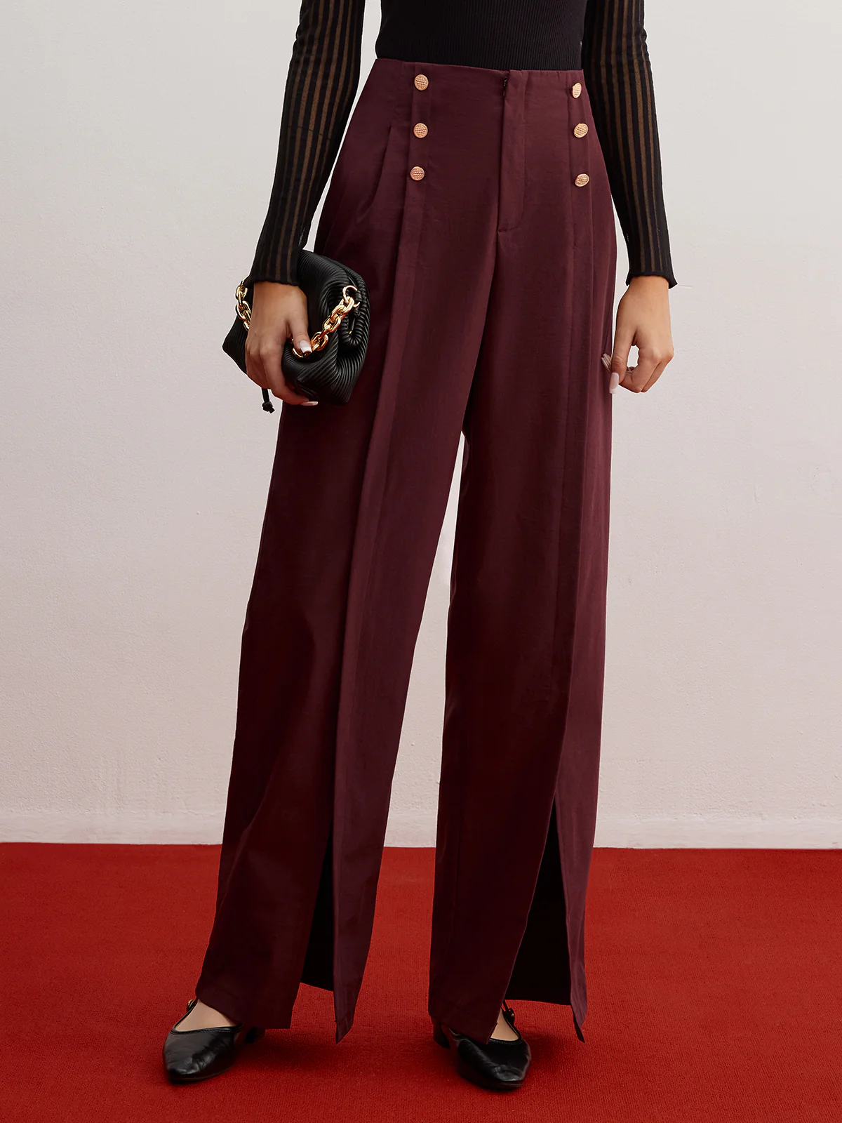 Button Decor Split Wide-Leg Pants - Takermore