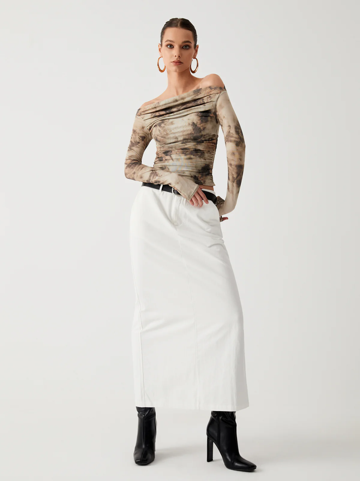 Semi-Sheer Tulle Mesh Off Shoulder Long Sleeve Crop Top - Takermore