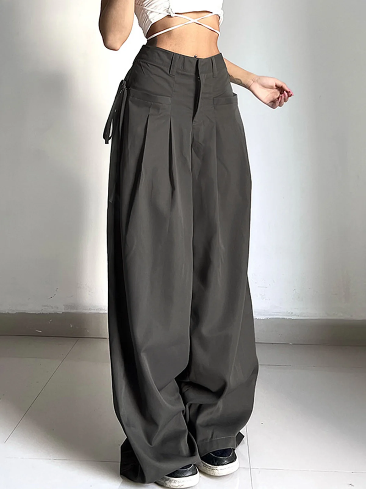 Knotted Pleated Wide-Leg Draped Pants - Takermore