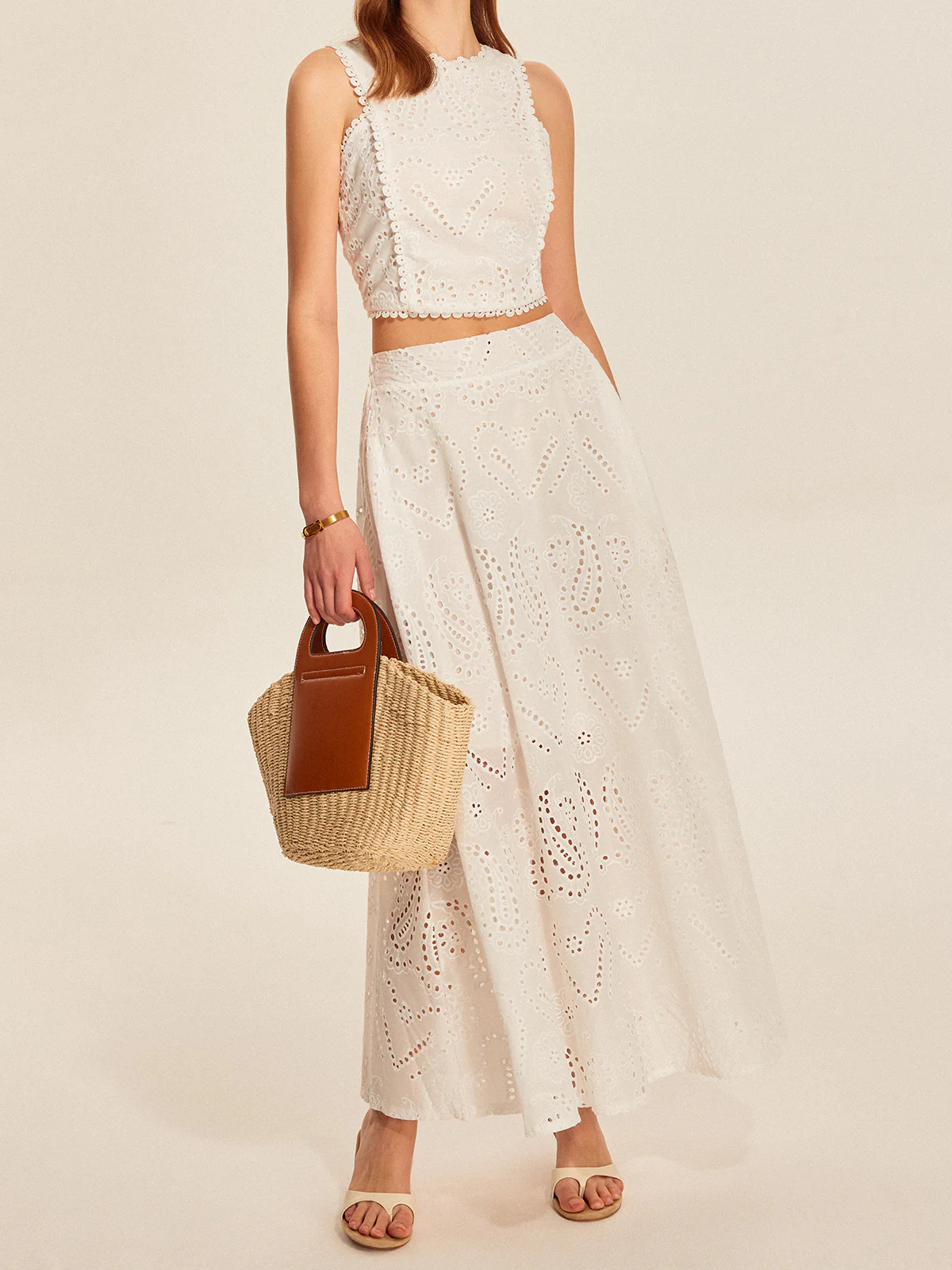 Eyelet Lace Crop Top Skirt Set - Takermore