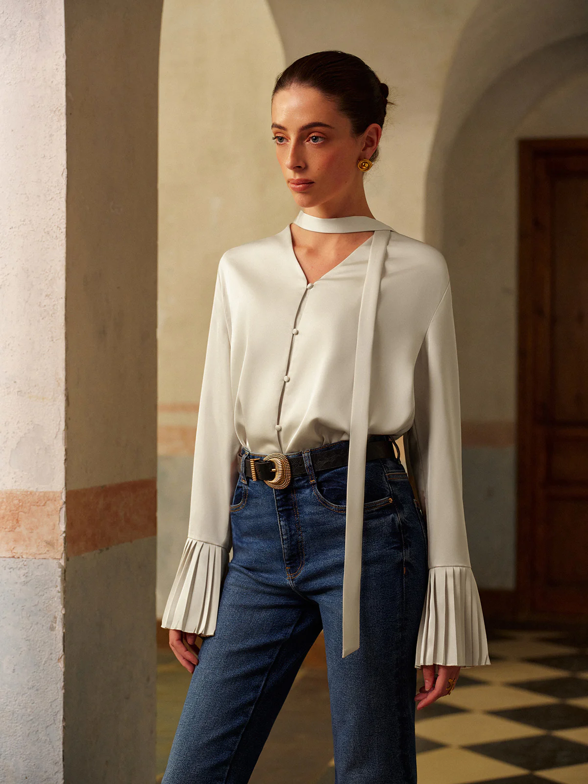 V-Neck Satin Pleated Blouse With Ribbon - Takermore