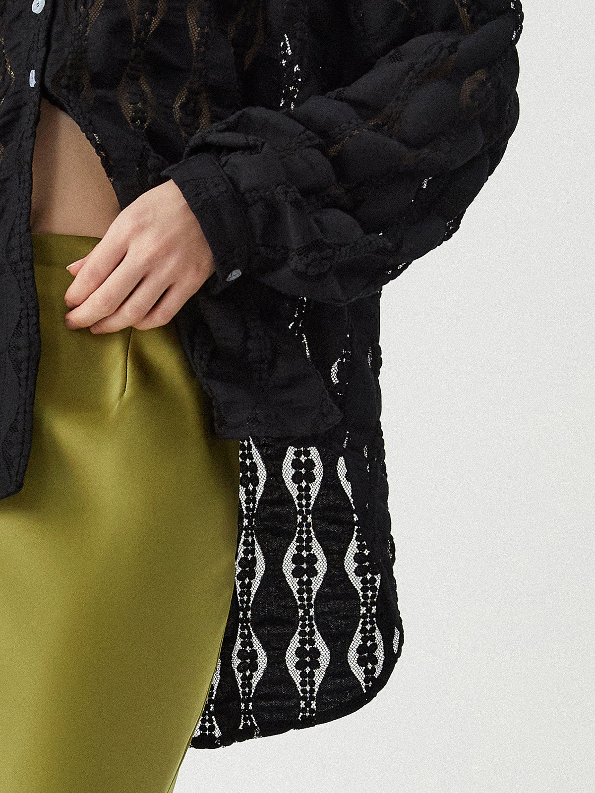 Semi-Sheer Floral Lace Button Up Shirt - Takermore