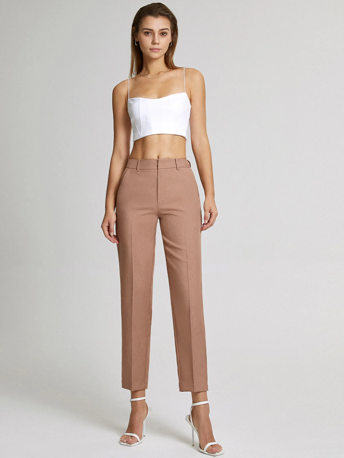 High Waisted Cropped Skinny Straight Leg Trousers - Takermore