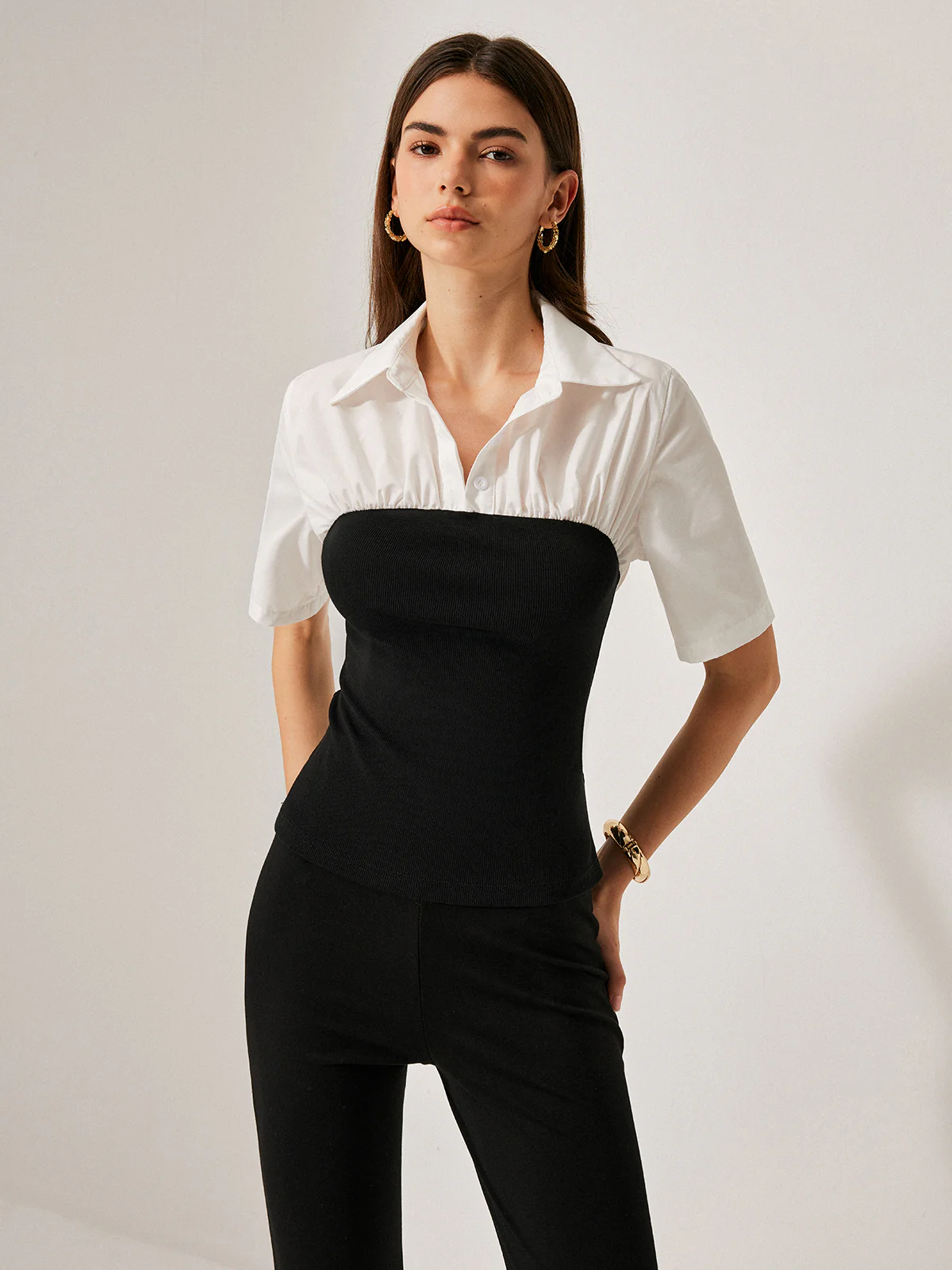 2 in 1 Panel Decor Button Lapel Blouse - Takermore