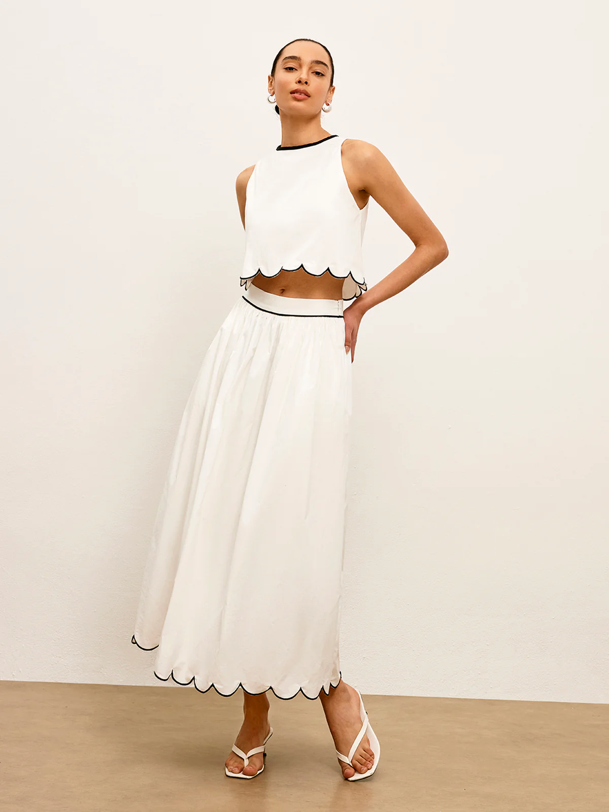 Scallop Trim Color Block Sleeveless Skirt Set - Takermore