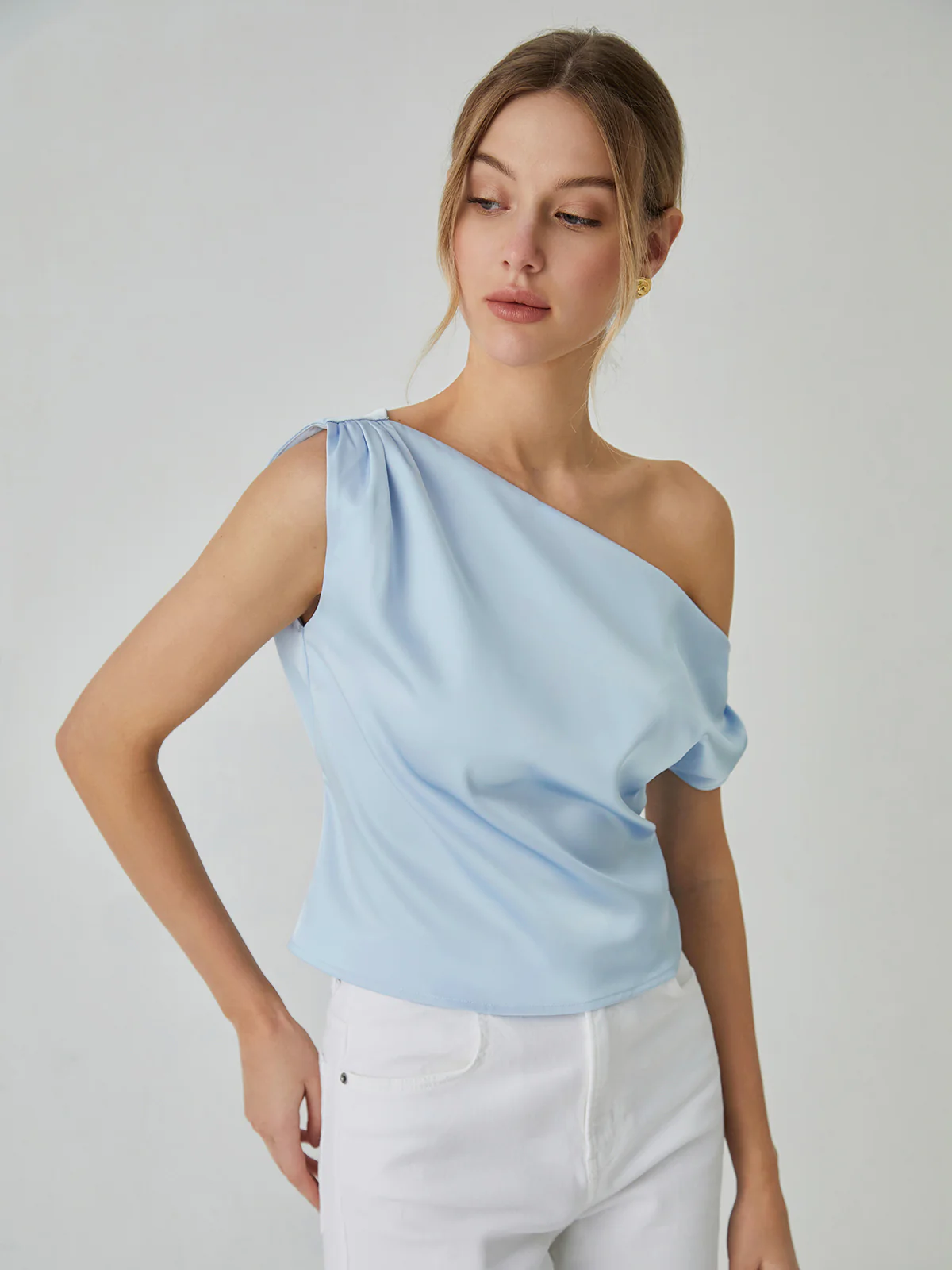 One Shoulder Off Knotted Blouse - Takermore