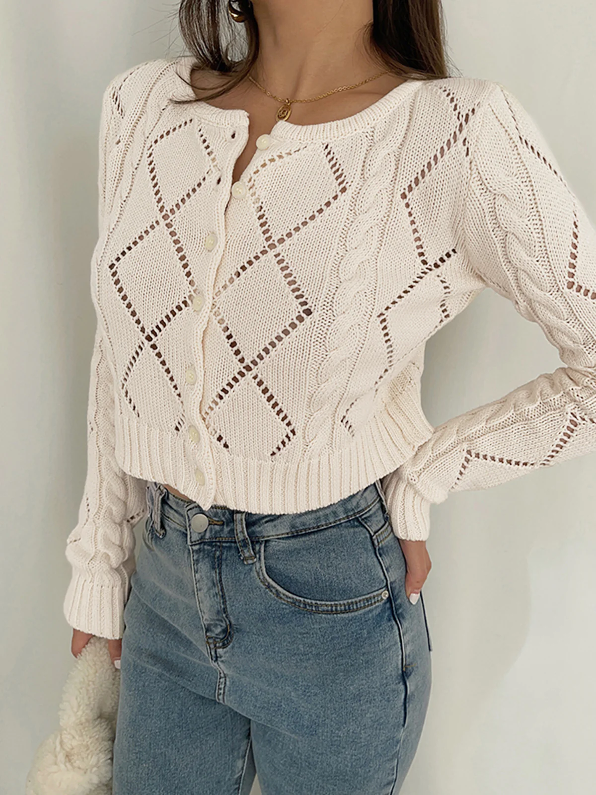 Diamonds Eyelet Button Up Knit Top - Takermore