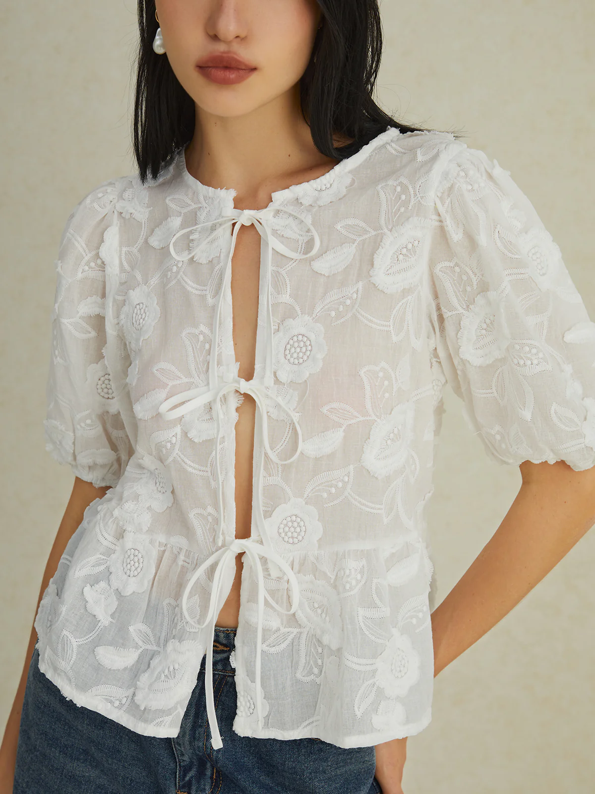 Semi-Sheer Floral Knotted Puff Sleeve Blouse - Takermore