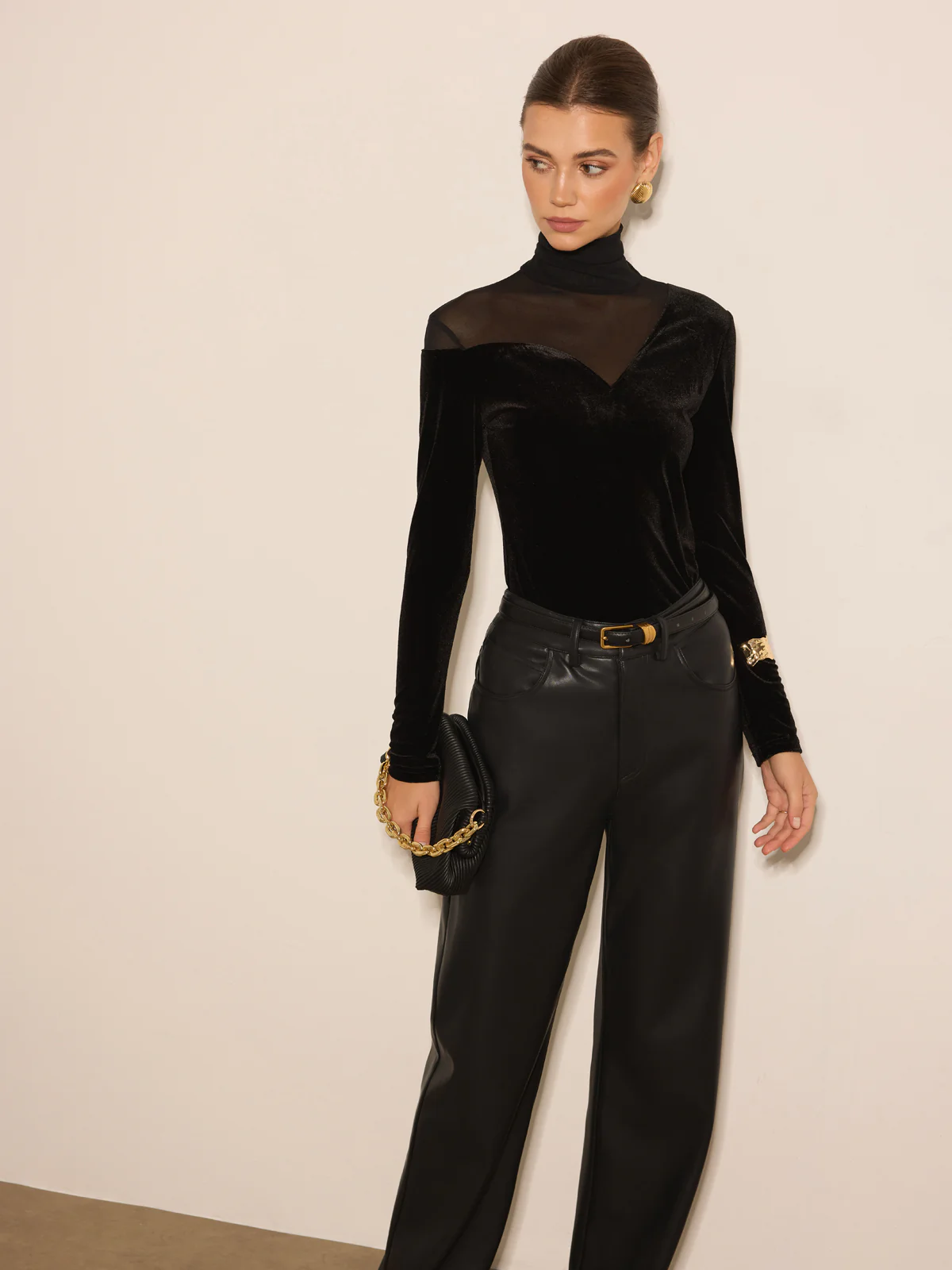 Stacking Neck Sheer-Detail Velvet Blouse - Takermore