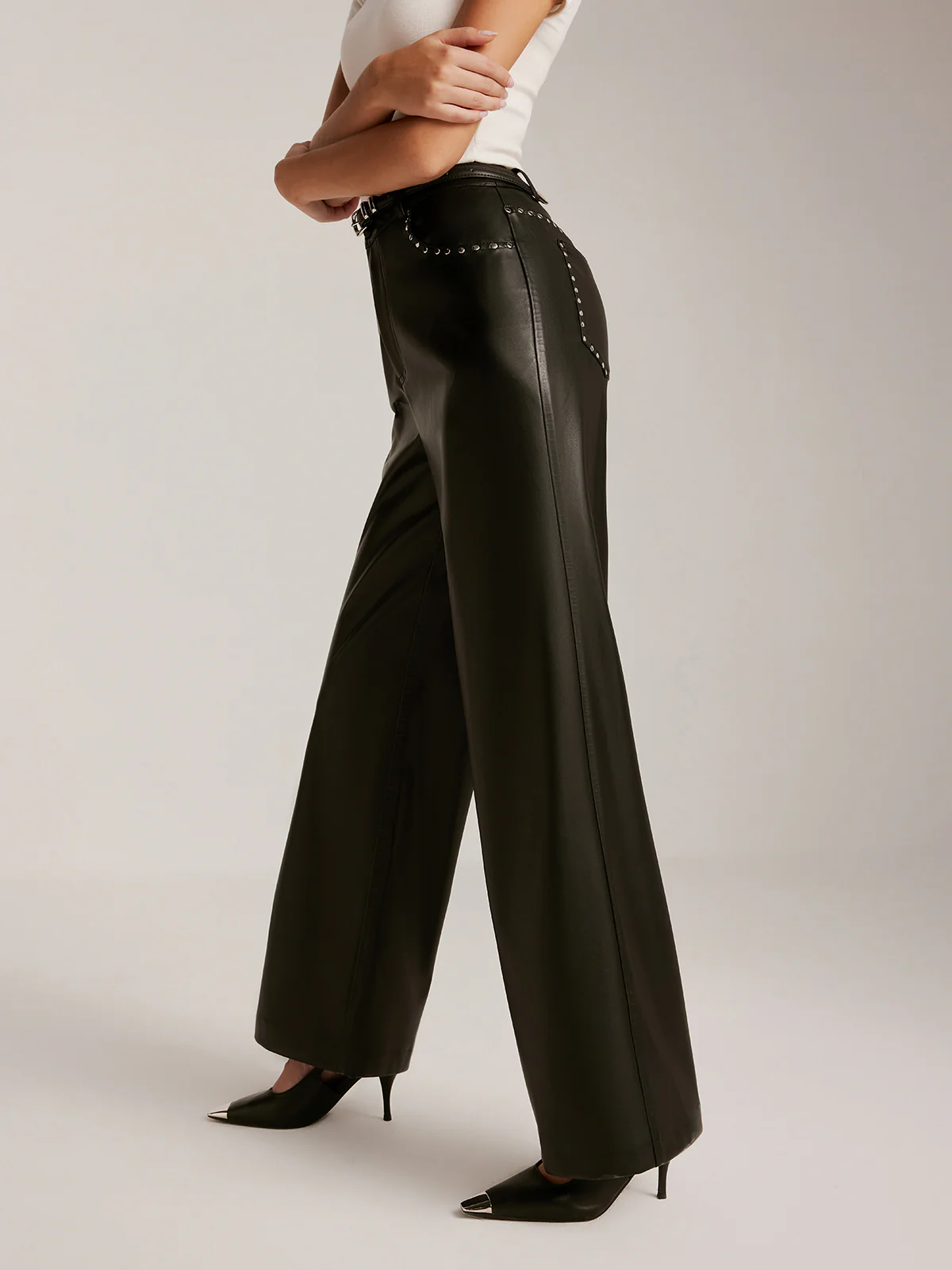 Studded-Decor PU Leather Straight Pants - Takermore