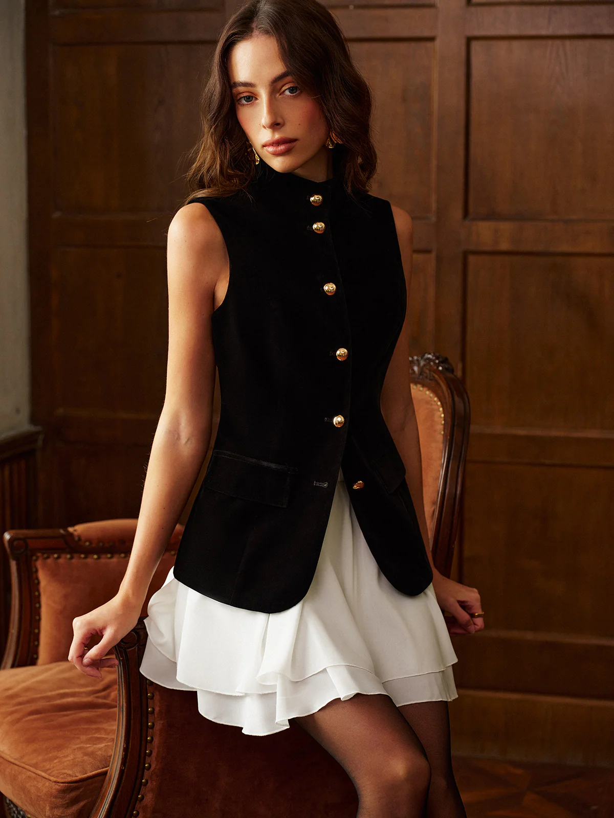 Button Slit Velvet Top With Chiffon Skirt Set - Takermore