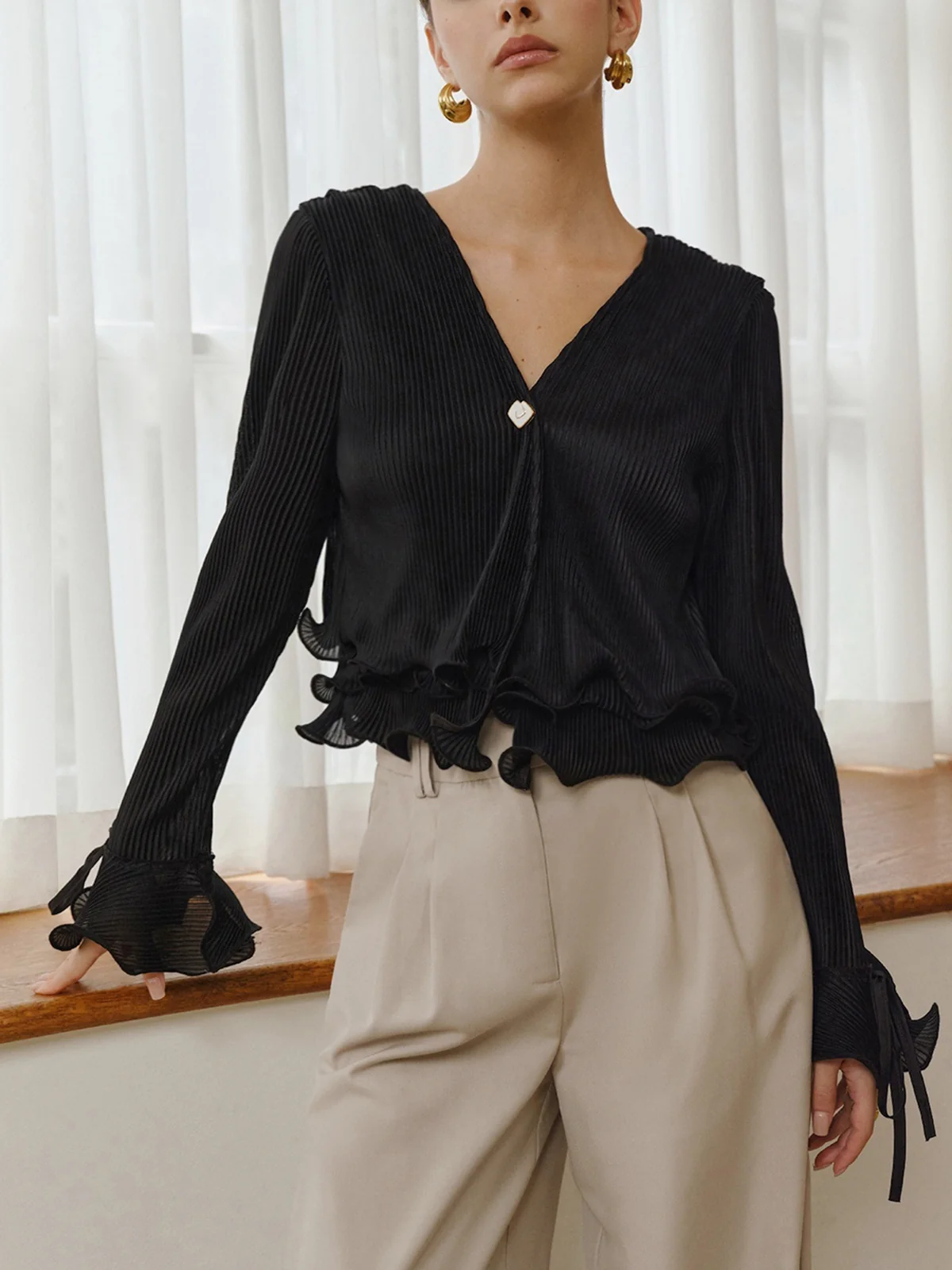 Ruffle Button Plisse Blouse - Takermore