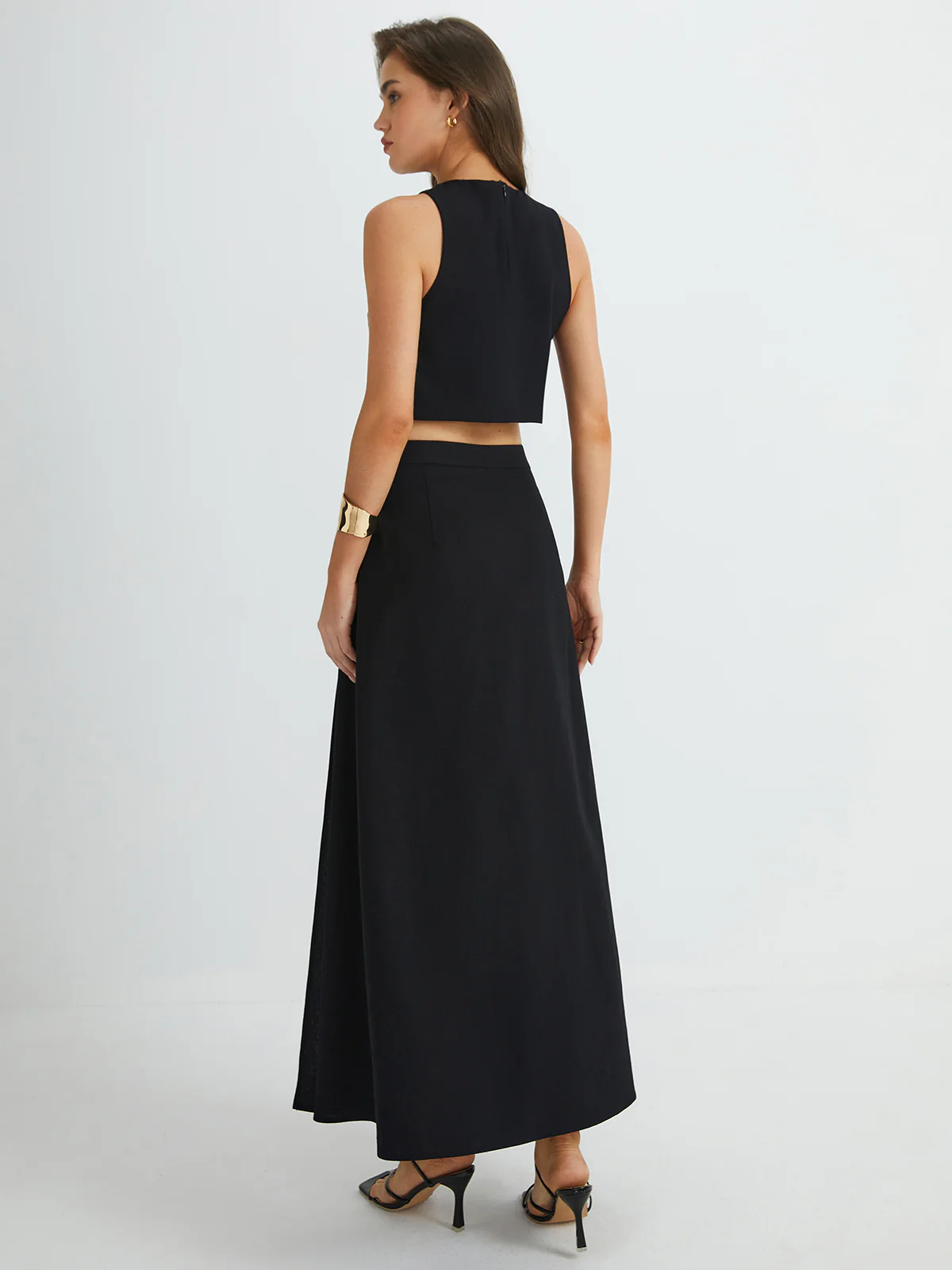 Plain Button Detail Top With Split Maxi Skirt Set - Takermore