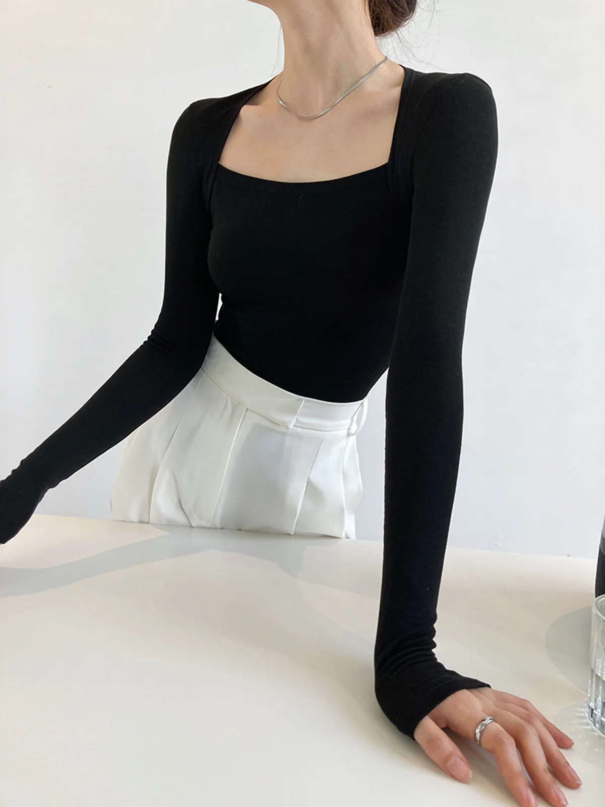 Square Neck Solid Long Sleeve Shirt - Takermore