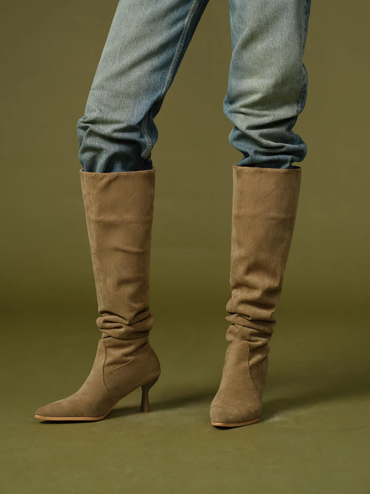 Suede Ruched Knee-High Boots - Takermore