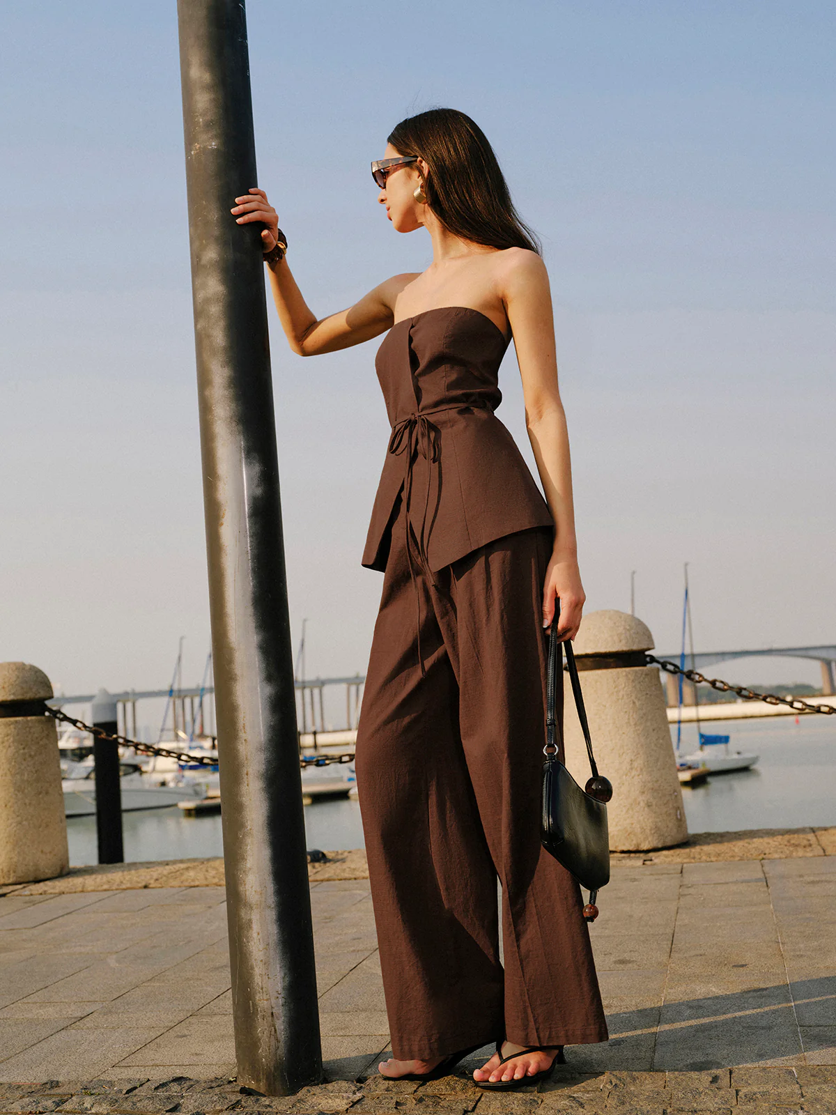 Cotton & Linen Strapless Peplum Top With Tie - Takermore