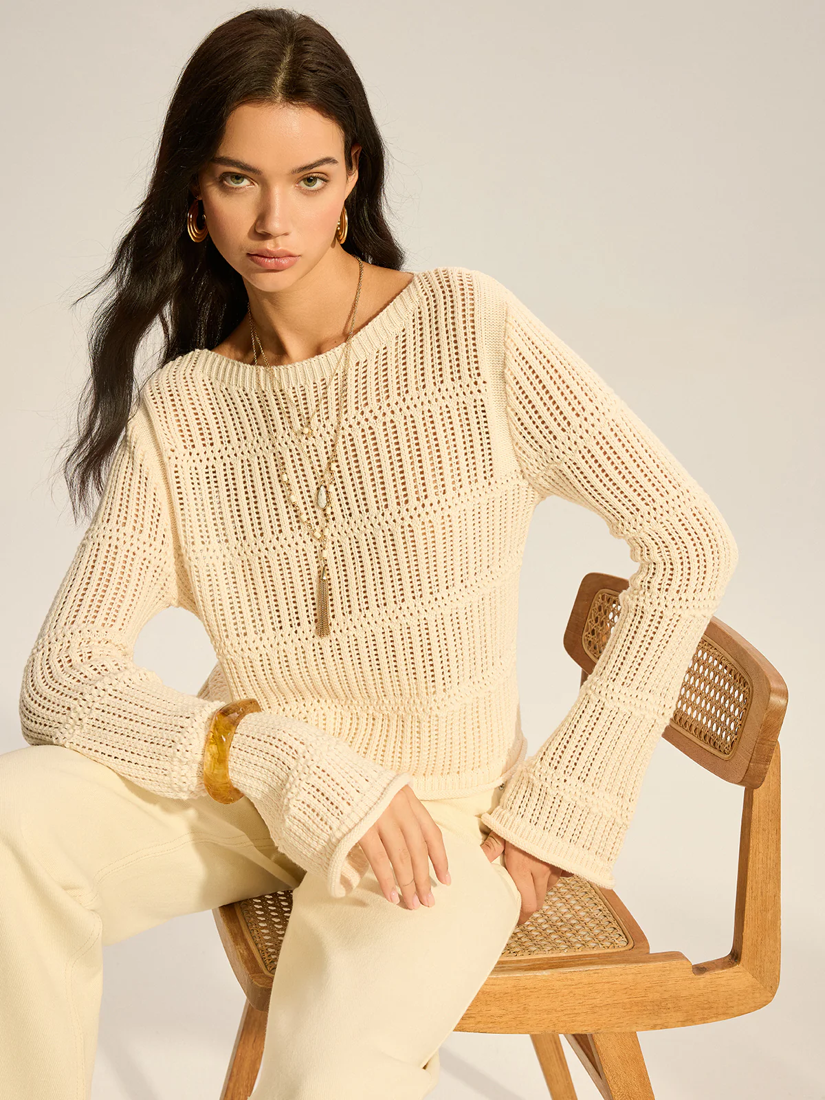 Mesh-Knit Long-Sleeve Sweater - Takermore