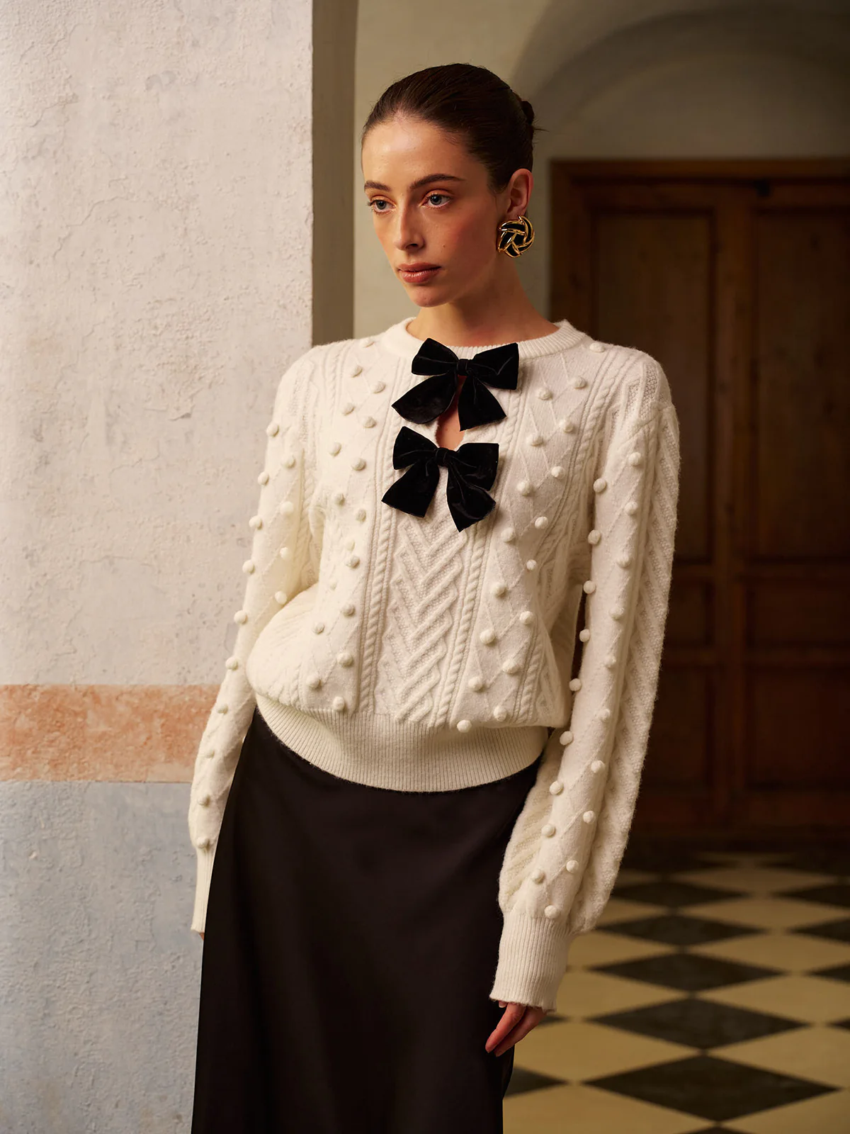 Bow Front Knit Ball-Decor Sweater - Takermore