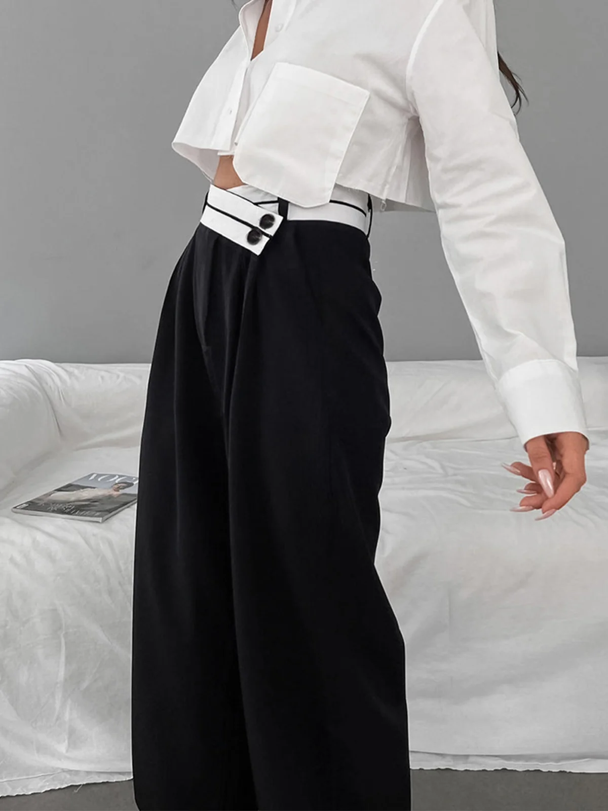 Asymmetrical Contrast Waistband Wide Leg Dress Pants - Takermore