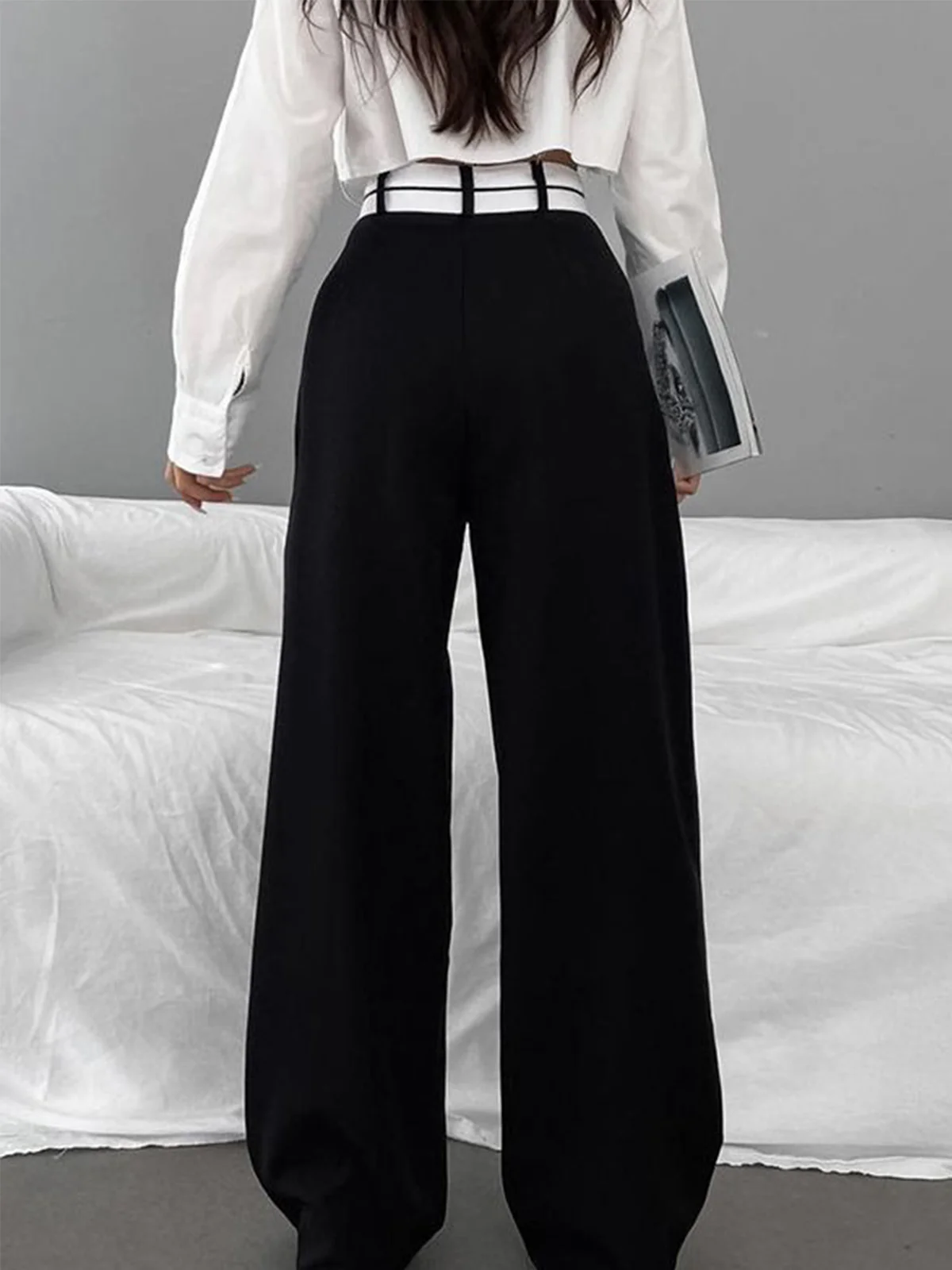 Asymmetrical Contrast Waistband Wide Leg Dress Pants - Takermore