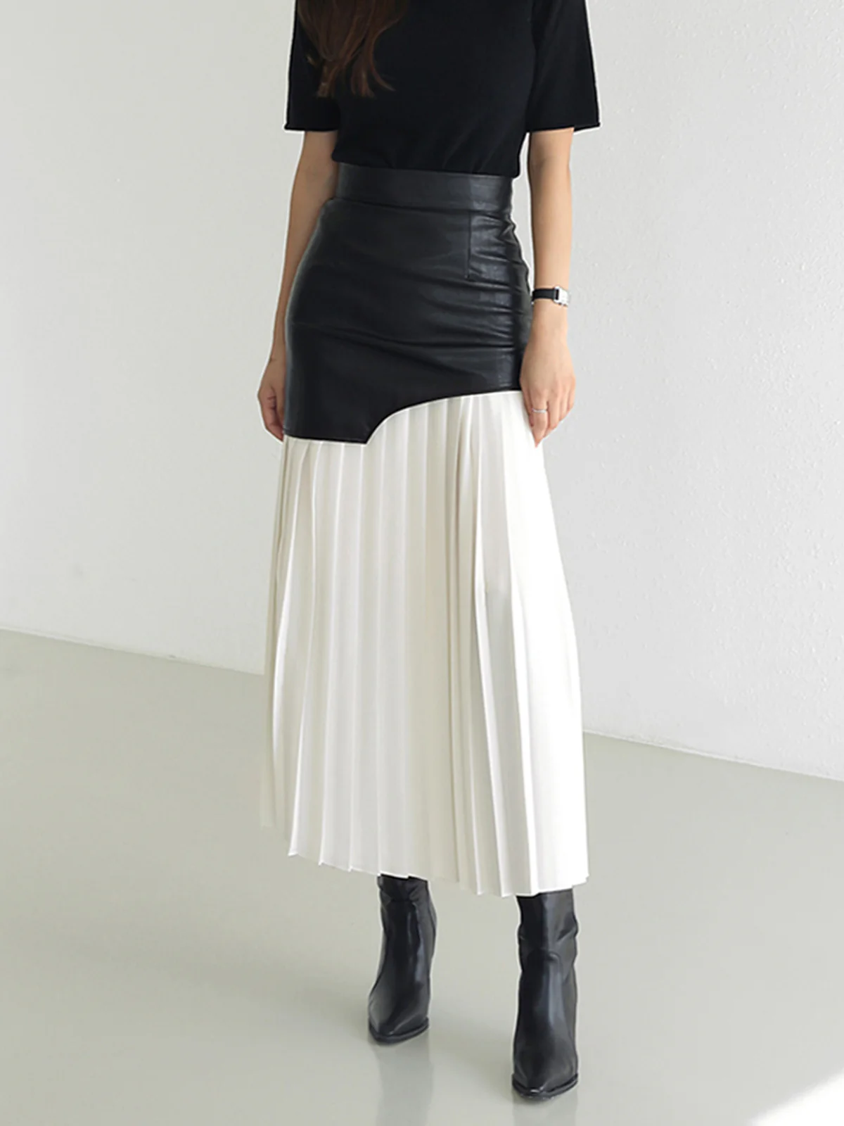 Asymmetric Patchwork Faux Leather Chiffon Pleated Maxi Skirt - Takermore