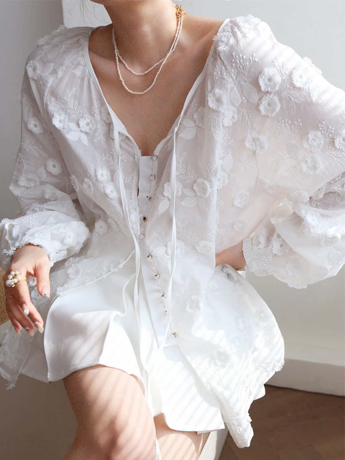 Oversized Semi-Sheer Embroidered Floral Blouse - Takermore