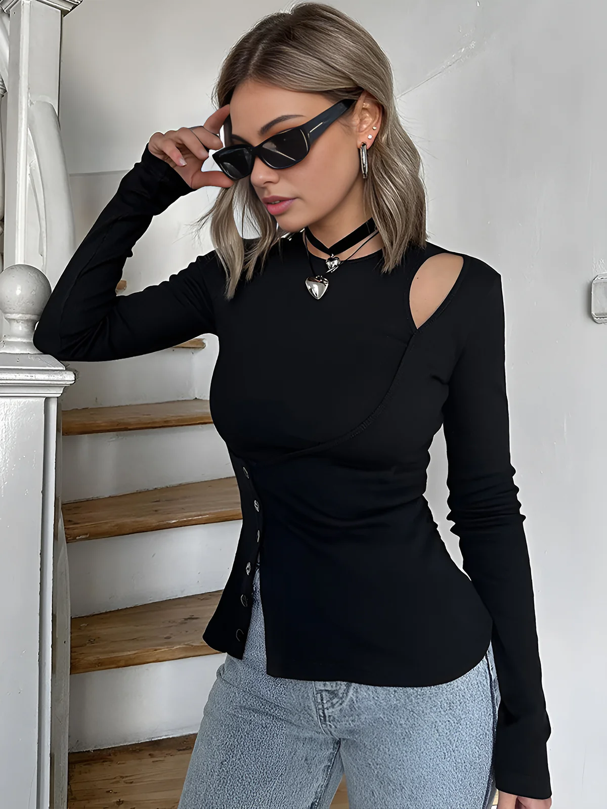 Cutout Panel Button T-Shirt - Takermore