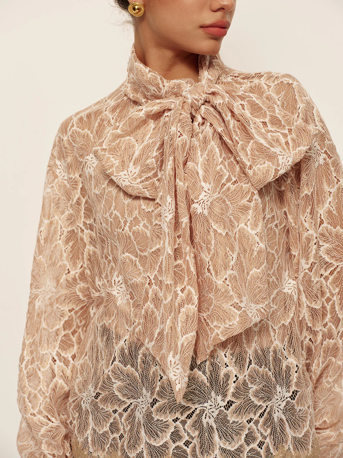 Semi-Sheer Bow-Front Lace Blouse - Takermore