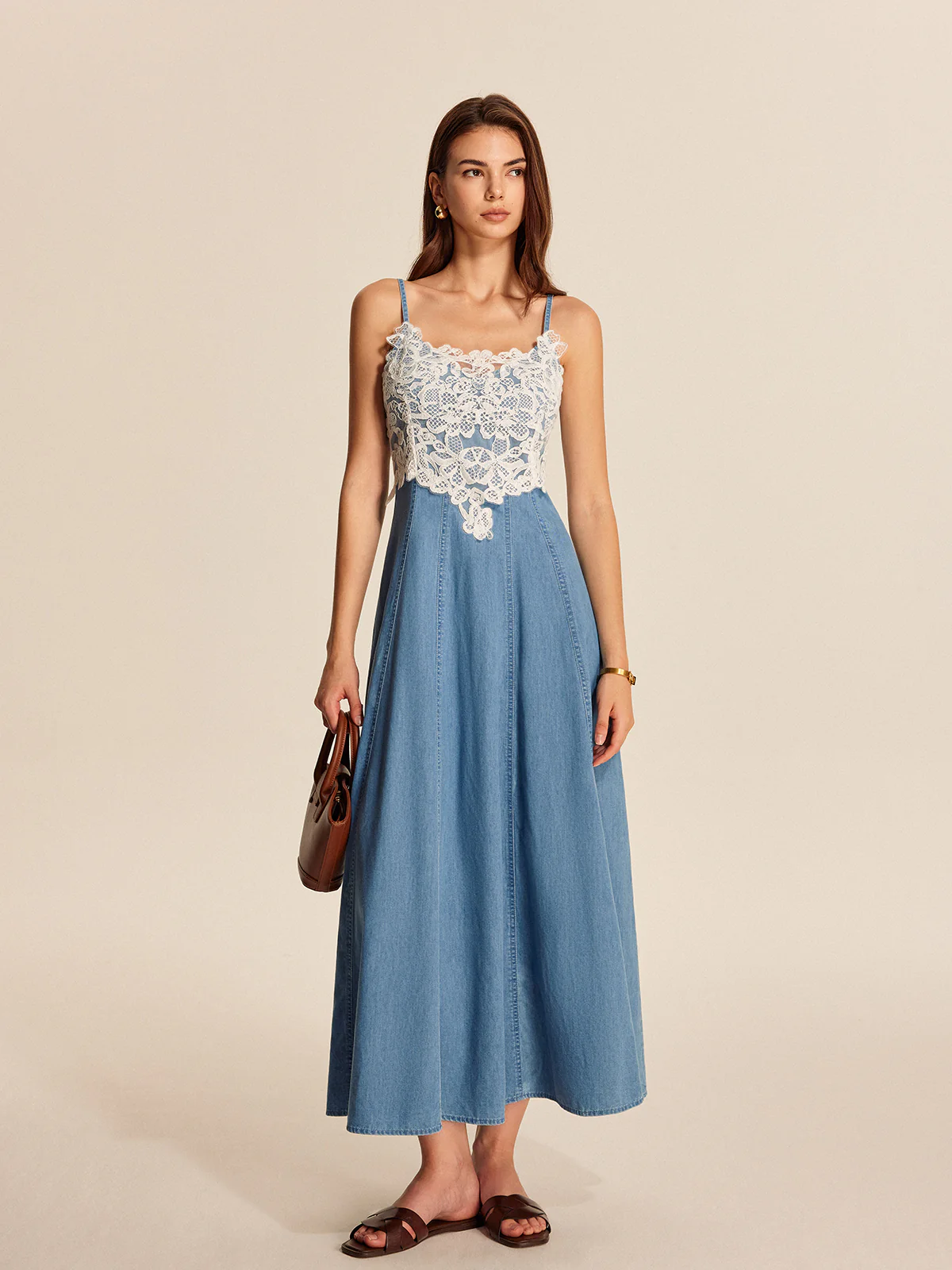 Lace Panel Denim Cami Dress - Takermore