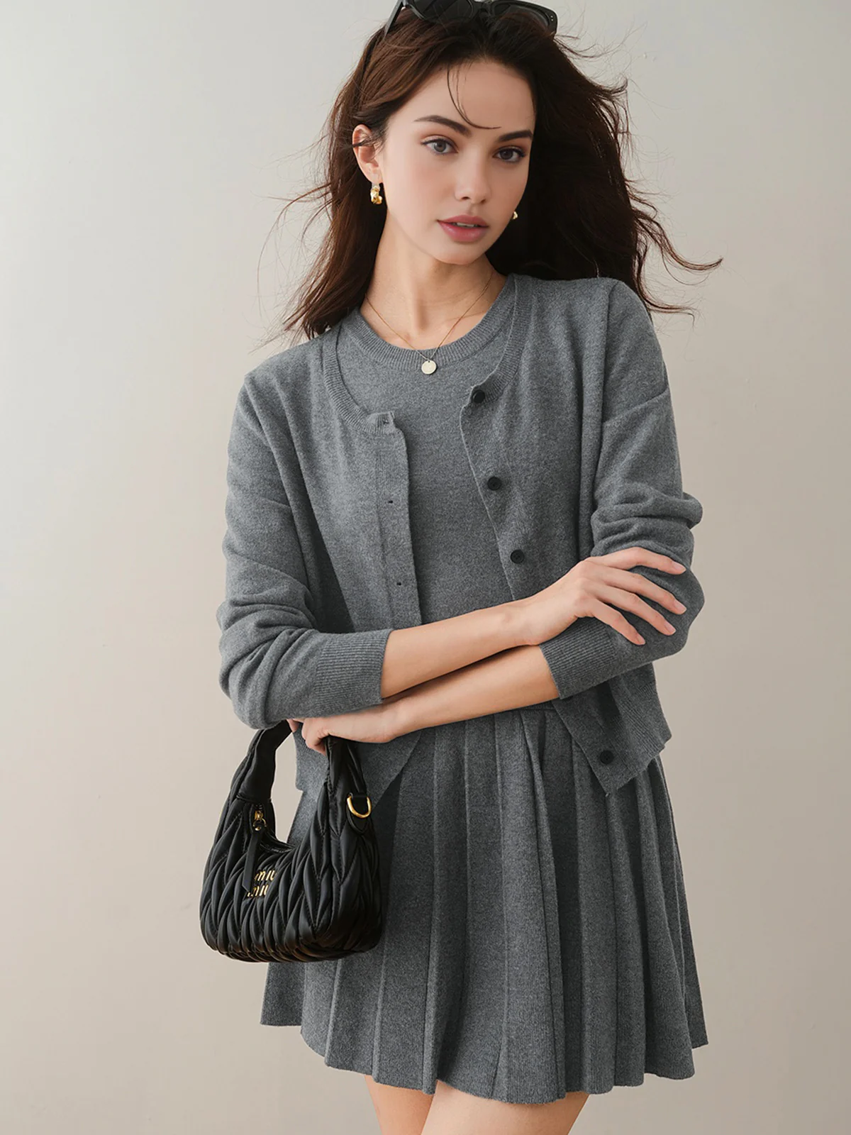 Crew Neck Pleated Belted Skirt Set - Takermore