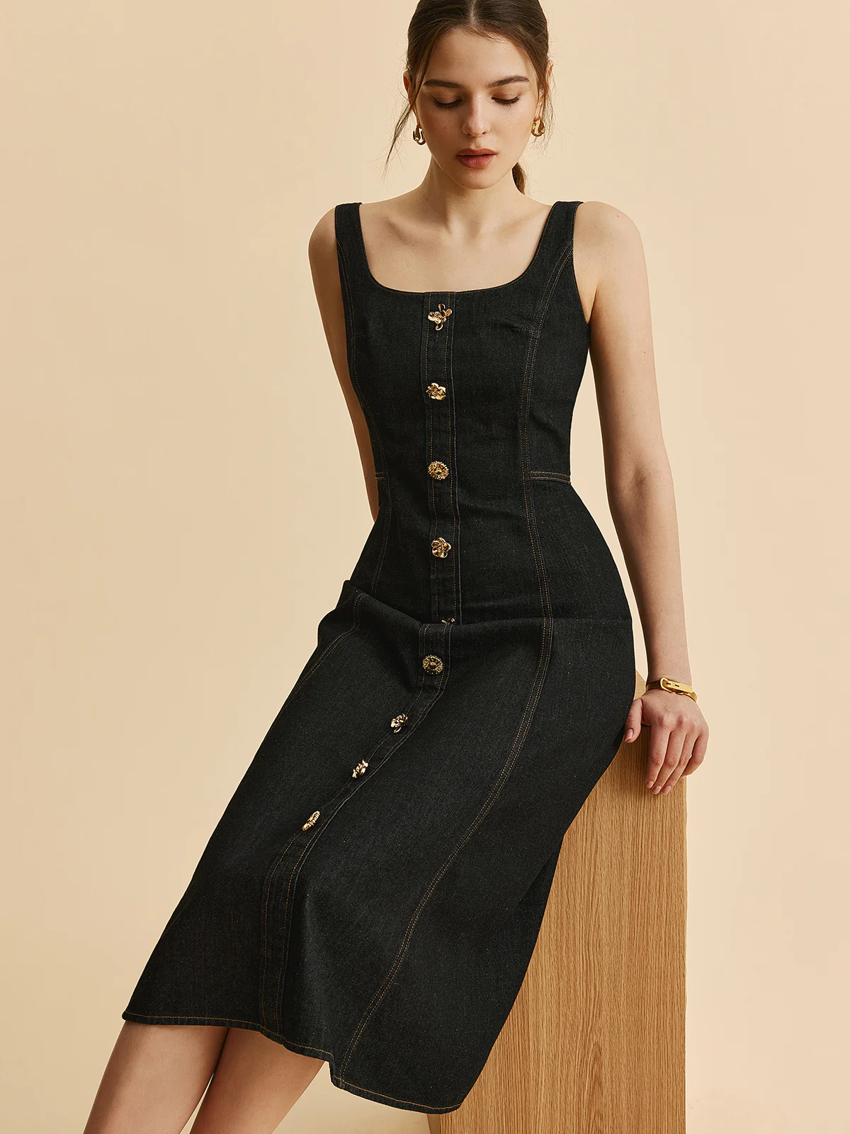 Square Neck Denim Button Dress - Takermore