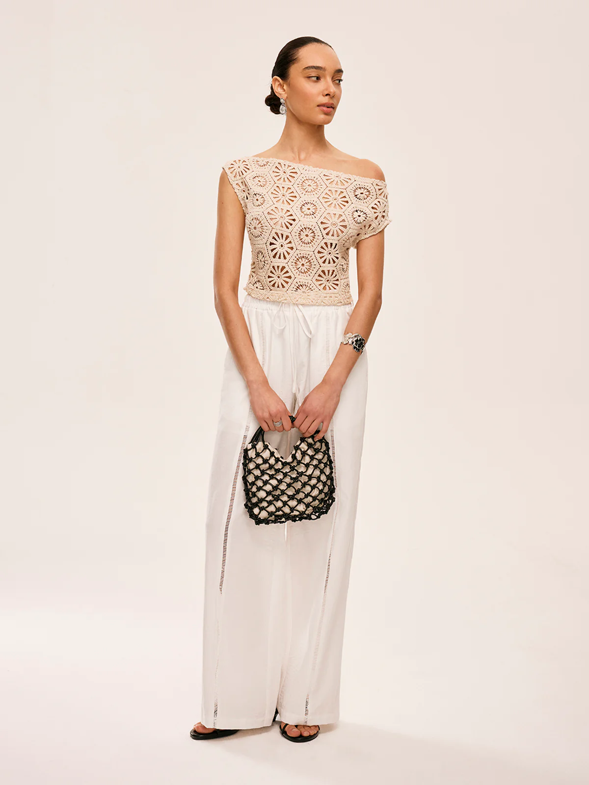 Asymmetrical Off-Shoulder Semi-Sheer Crochet Top - Takermore