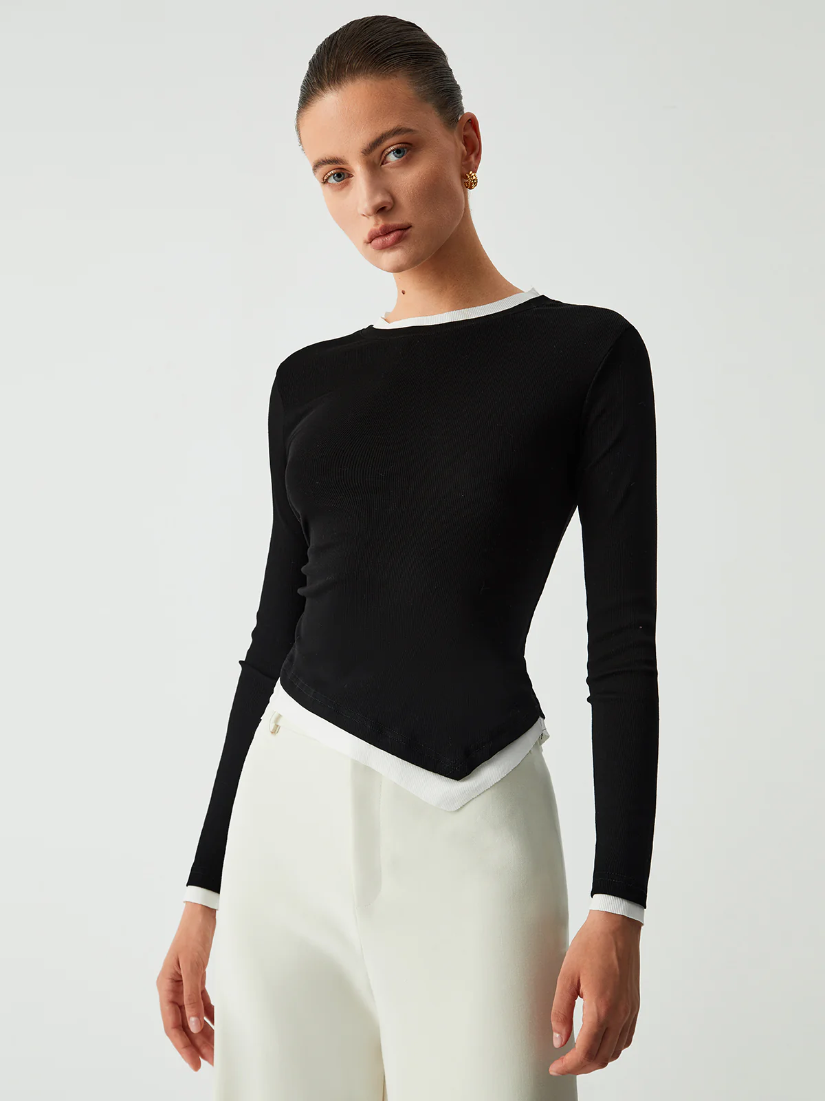 Asymmetric Hem Contrast Trim Long Sleeve Shirt - Takermore