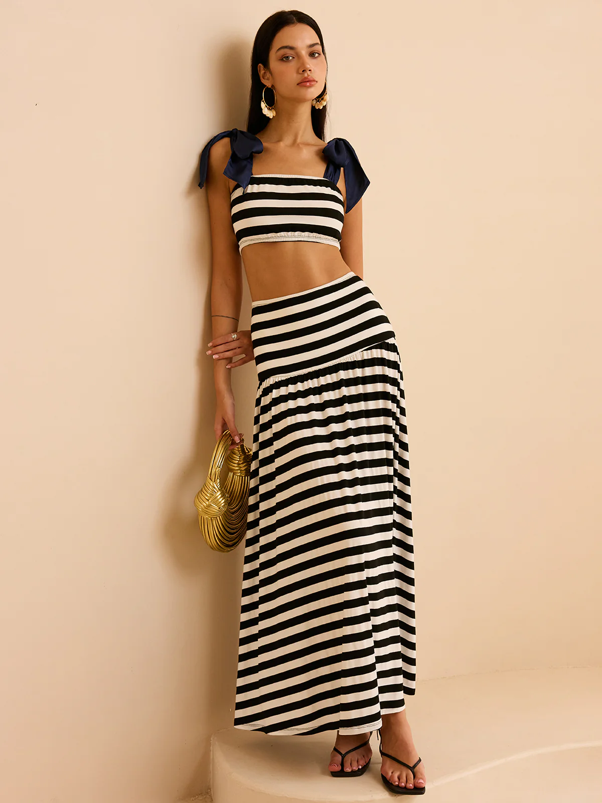 Striped Skirt Set with Bow Straps - Takermore
