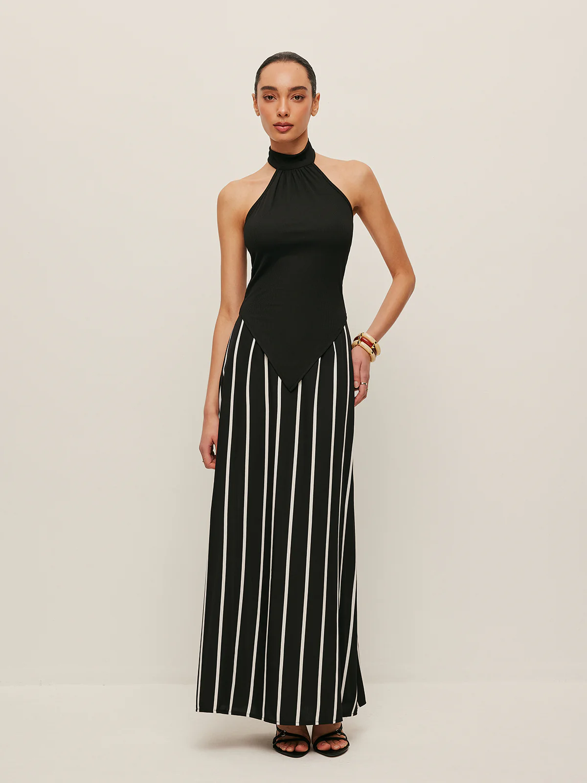 High Neck Asymmetric Panel Stripe Skirt Set - Takermore