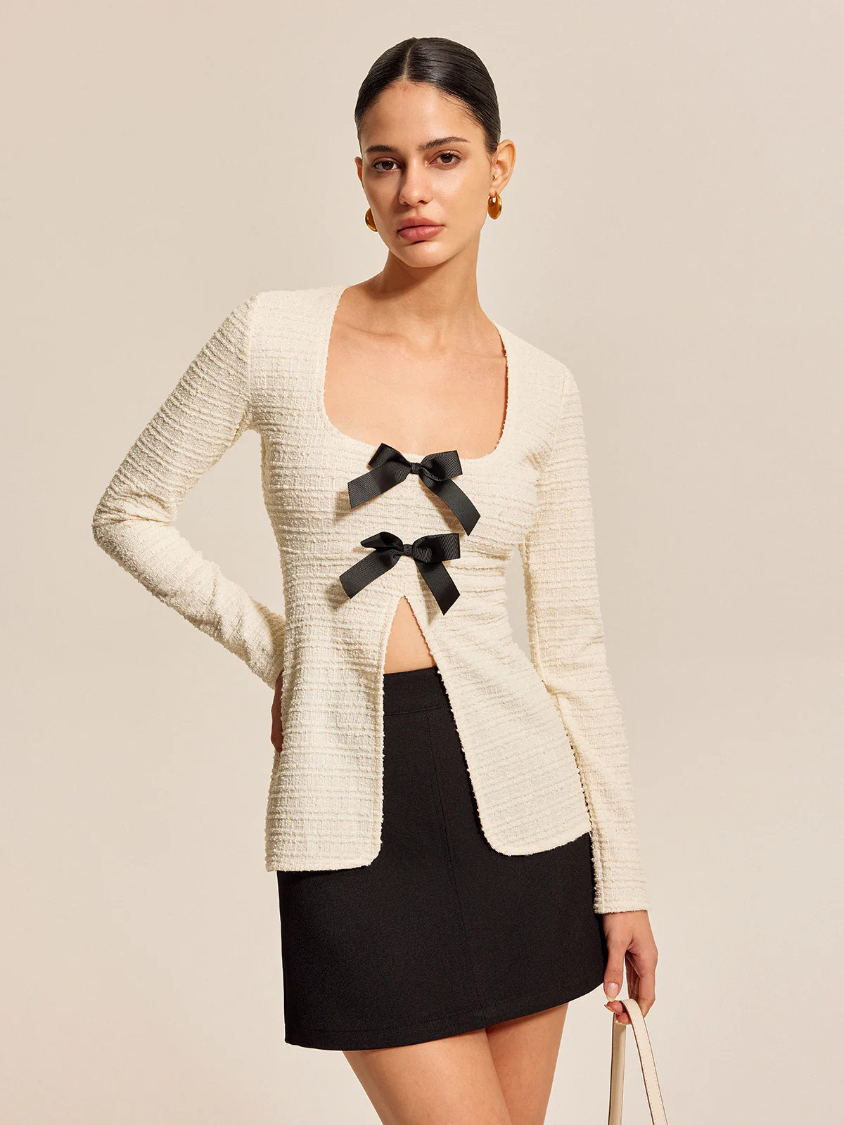 Bow Front Textured Long Sleeve Top - Takermore