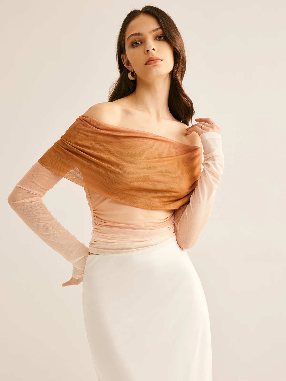 Semi-Sheer Off-Shoulder Mesh Gradient Blouse - Takermore