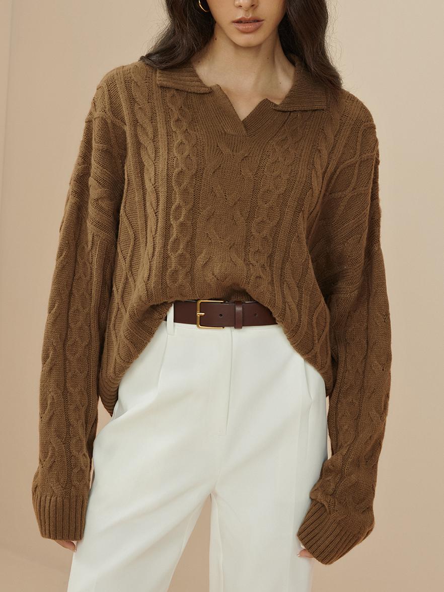 Oversized Lapel Cable Pullover Sweater - Takermore