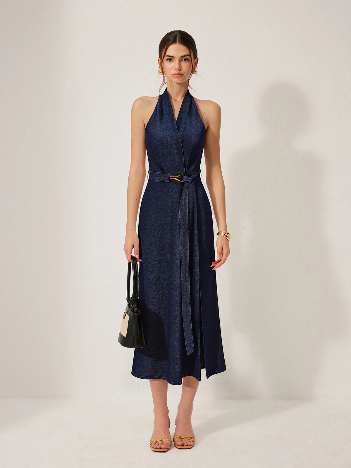 Denim Belted Halter Neck Midi Dress - Takermore