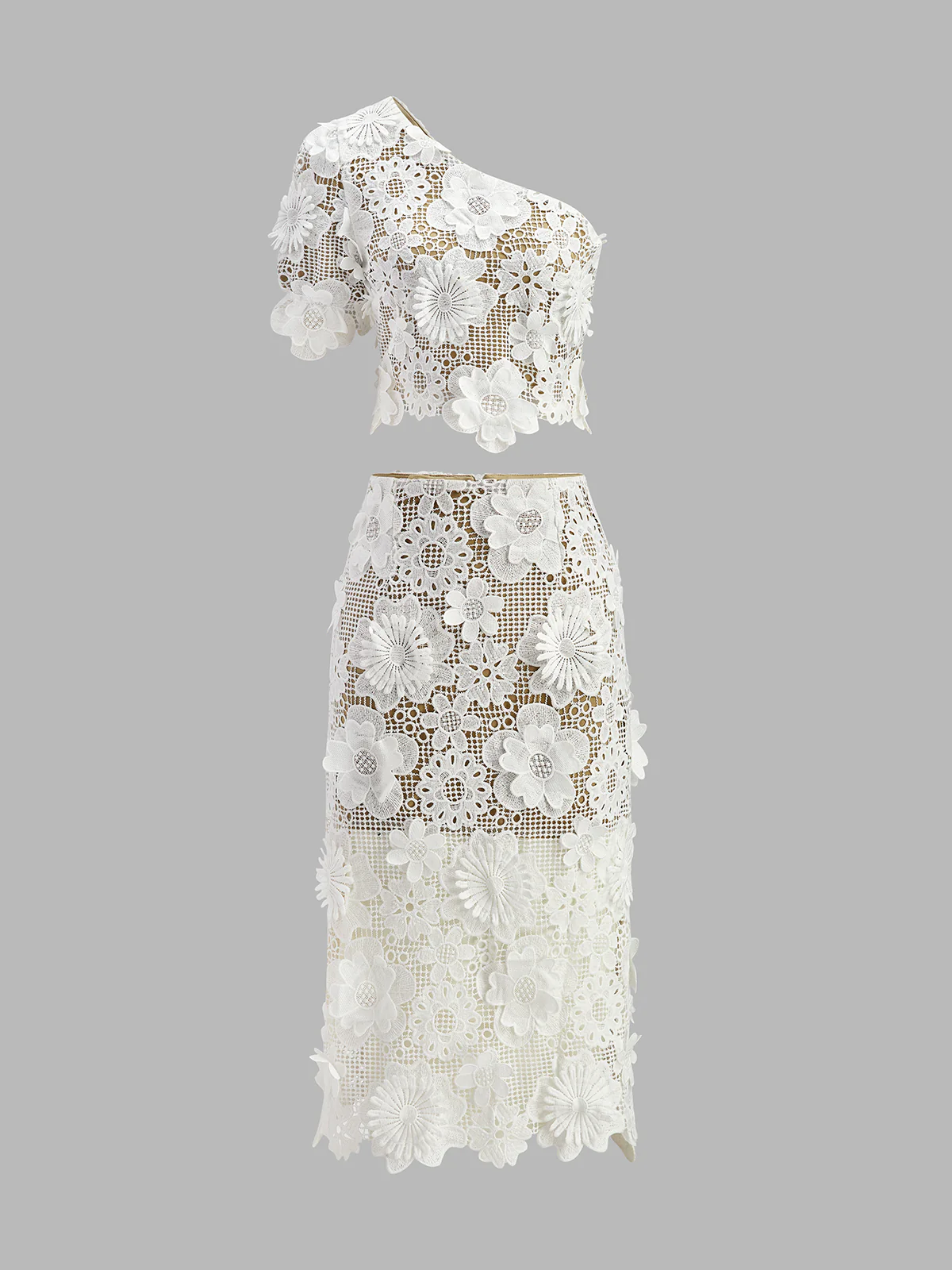 Asymmetrical Floral Lace Top Skirt Set - Takermore