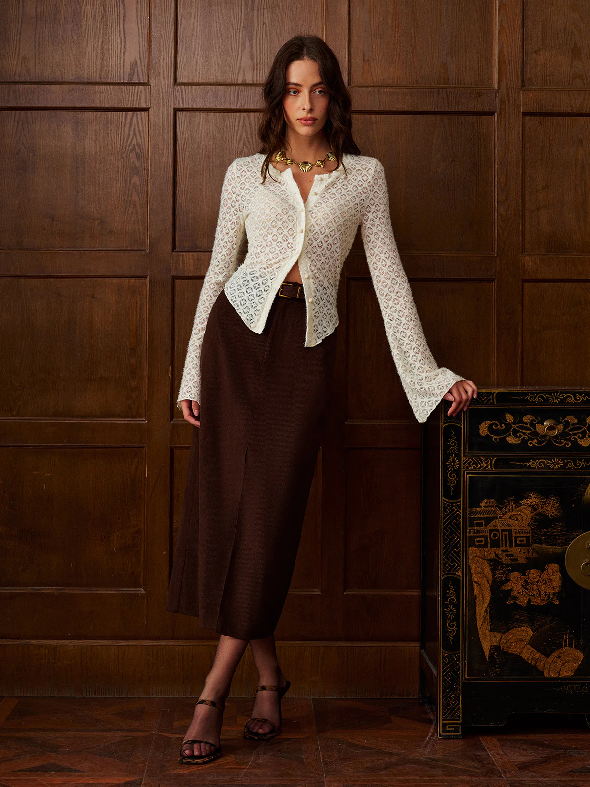 Semi-Sheer Bell Sleeve Button Down Slim Blouse - Takermore