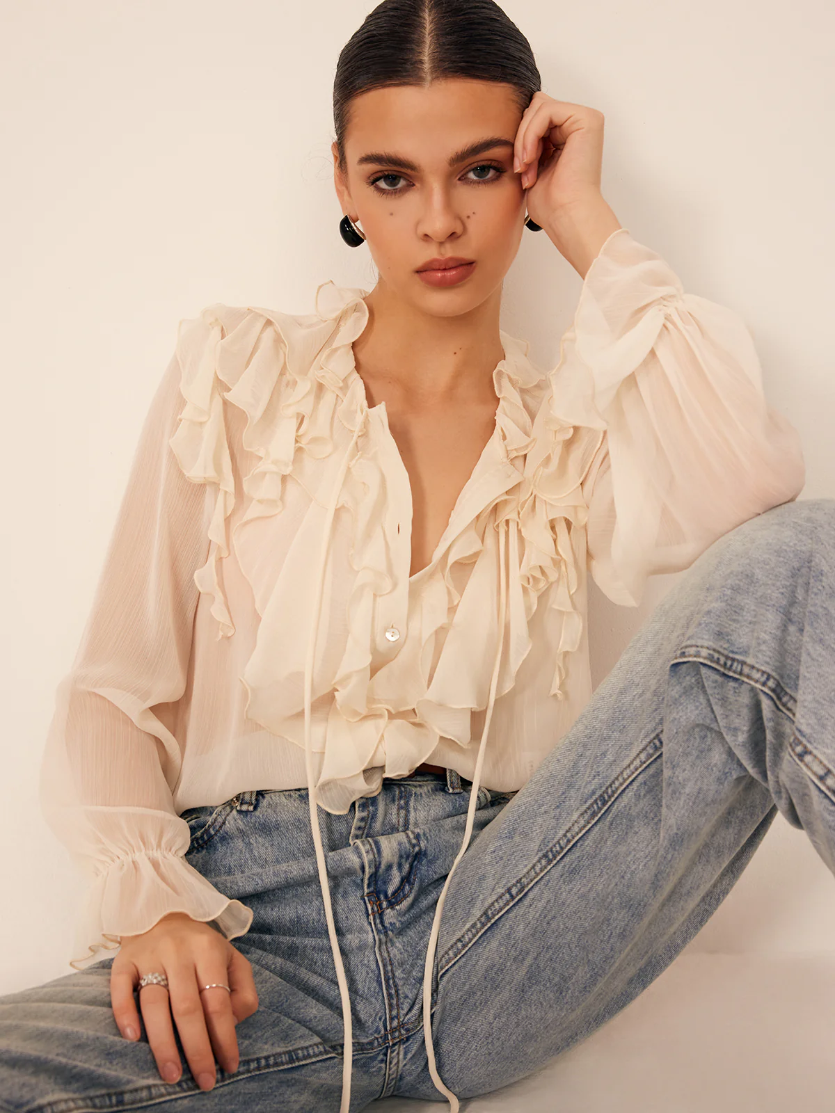 Semi-Sheer Ruffle Chiffon Breasted Blouse - Takermore