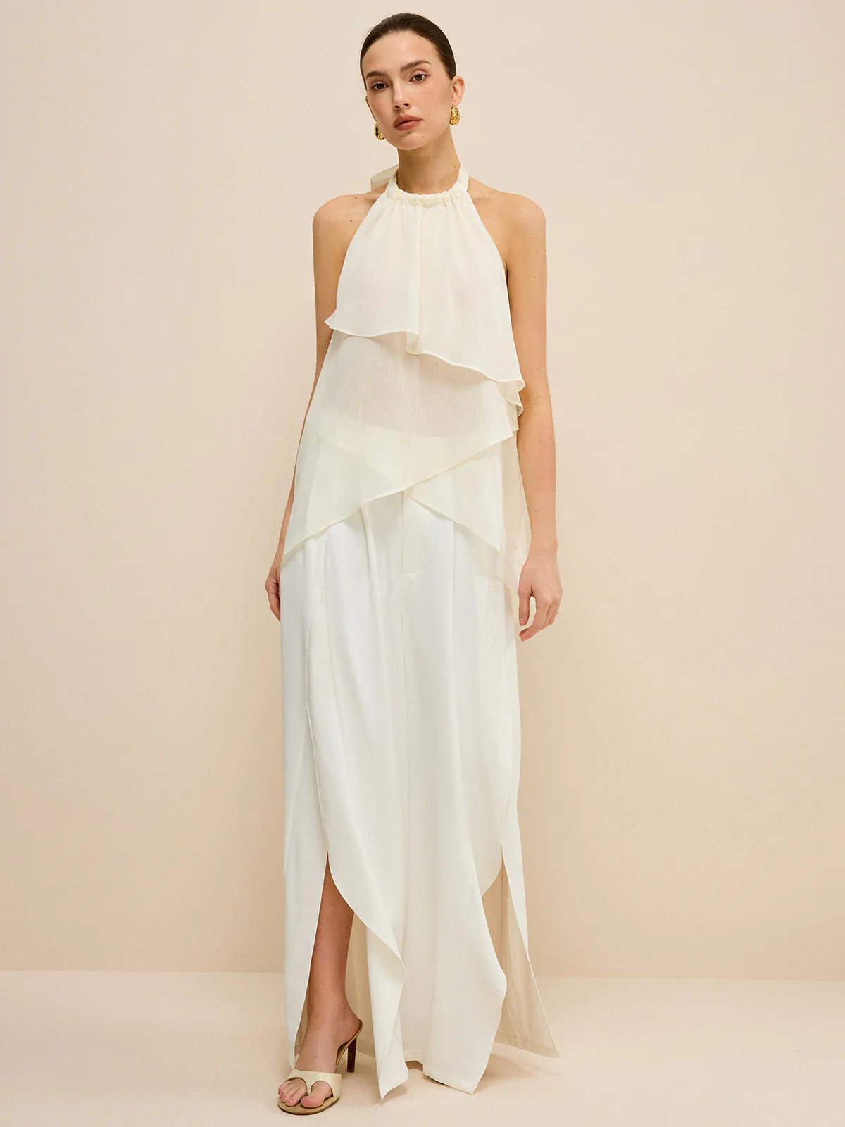 High-Waisted Wide-Leg Pants with Side Slits - Takermore