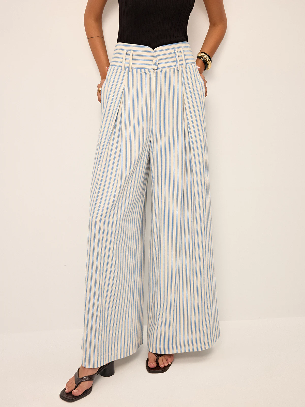 Cotton Striped Pleated Wide-Leg Pants - Takermore
