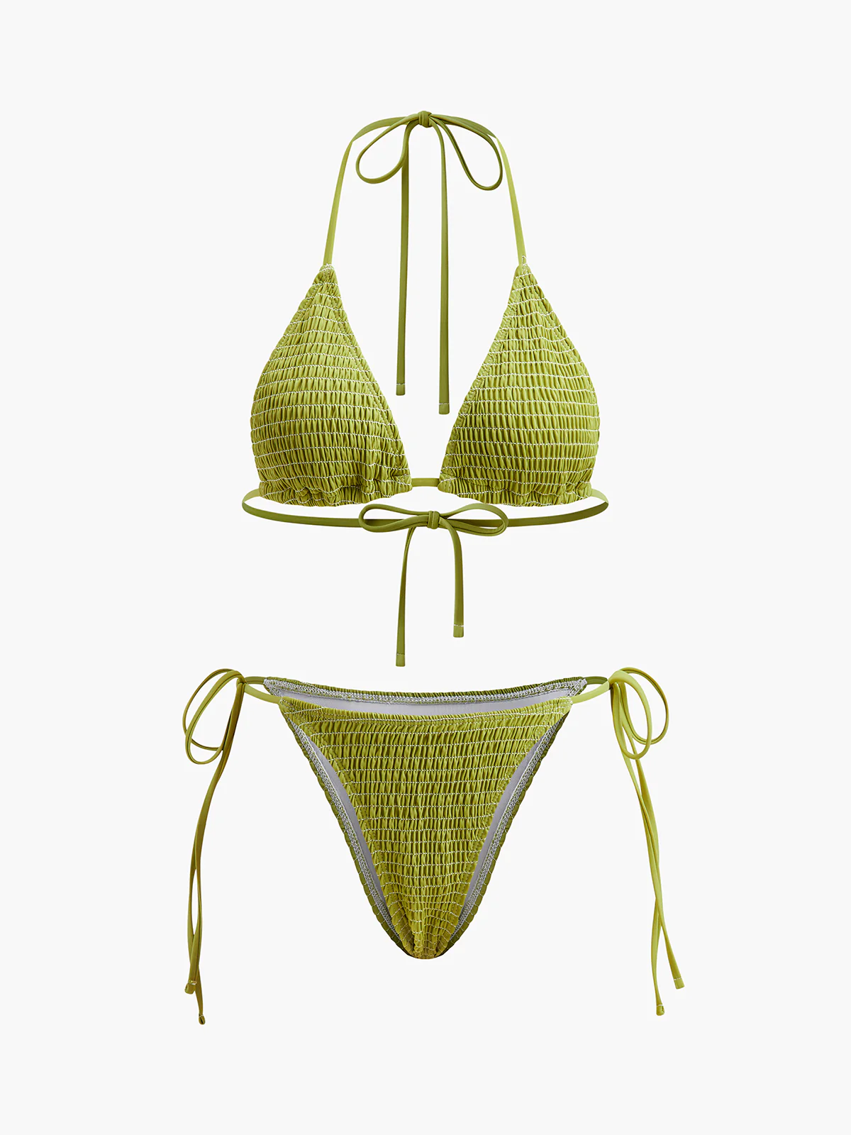 Smocked Triangle Bikini With Tie Straps - Takermore