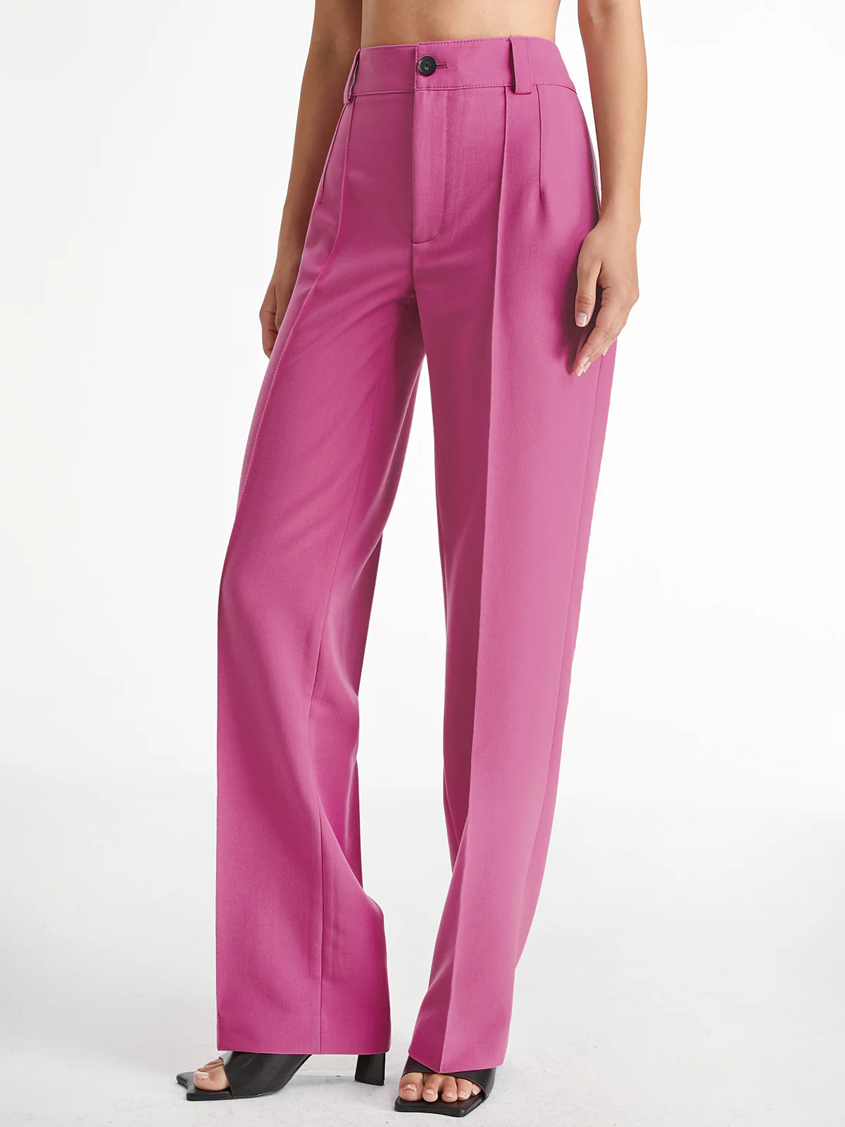 High Waisted Pleat Front Solid Colored Straight Leg Trousers - Takermore