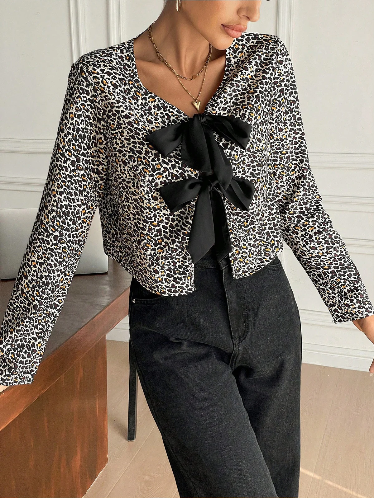 Bow Front Leopard Printed Jersey Blouse - Takermore