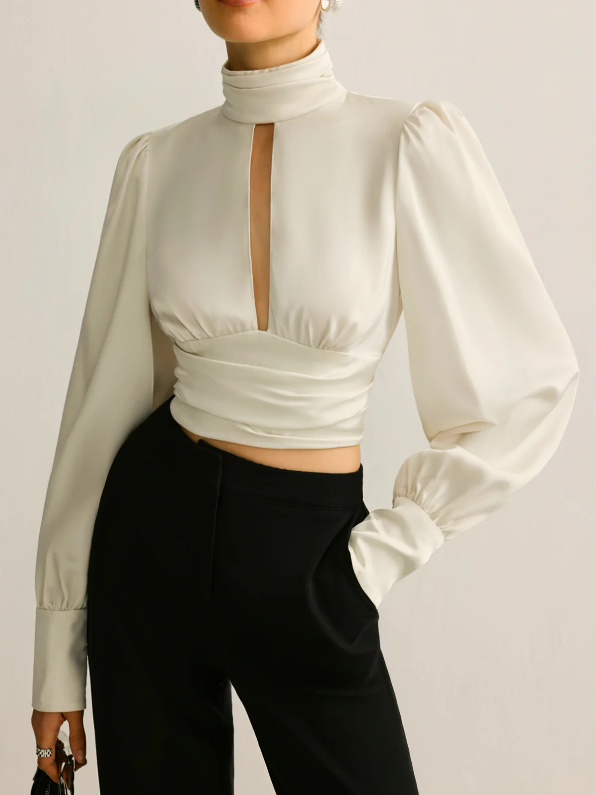 Backless Side Pleated Satin Blouse - Takermore
