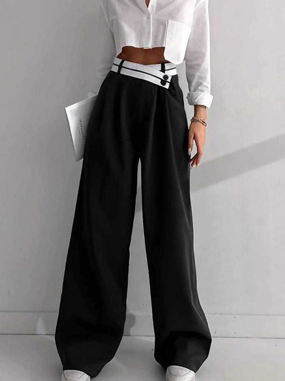 Asymmetrical Contrast Waistband Wide Leg Dress Pants - Takermore